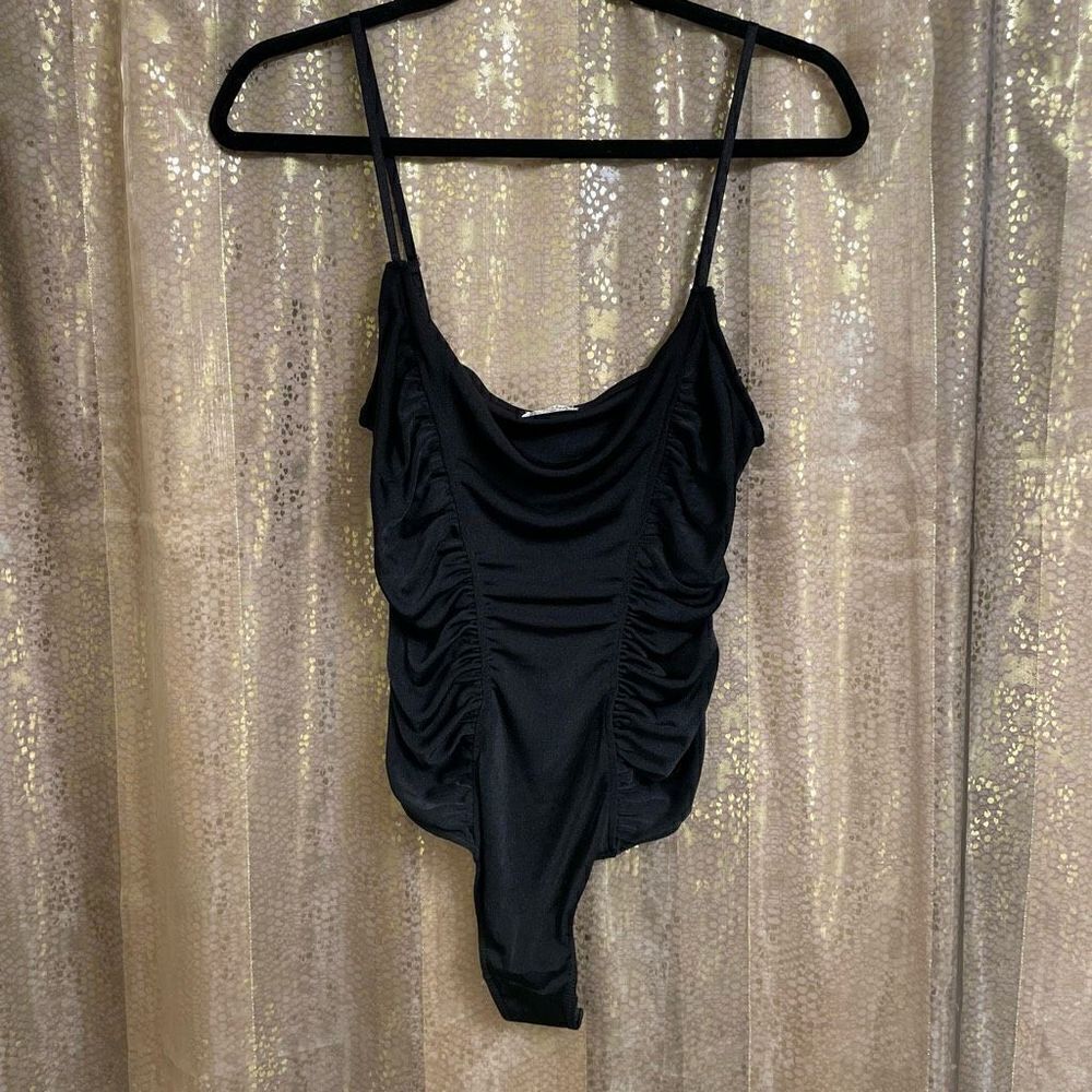 Free People black ruched silky bodysuit, M NWOT